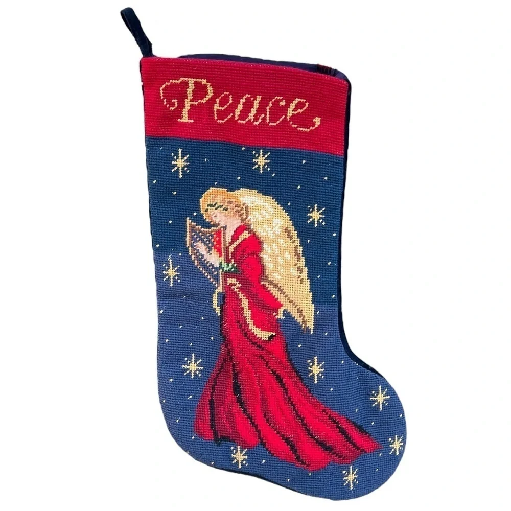 Handcrafted Needlepoint Christmas Stockings Santa Dog Angel Peace Blue Red 11x18